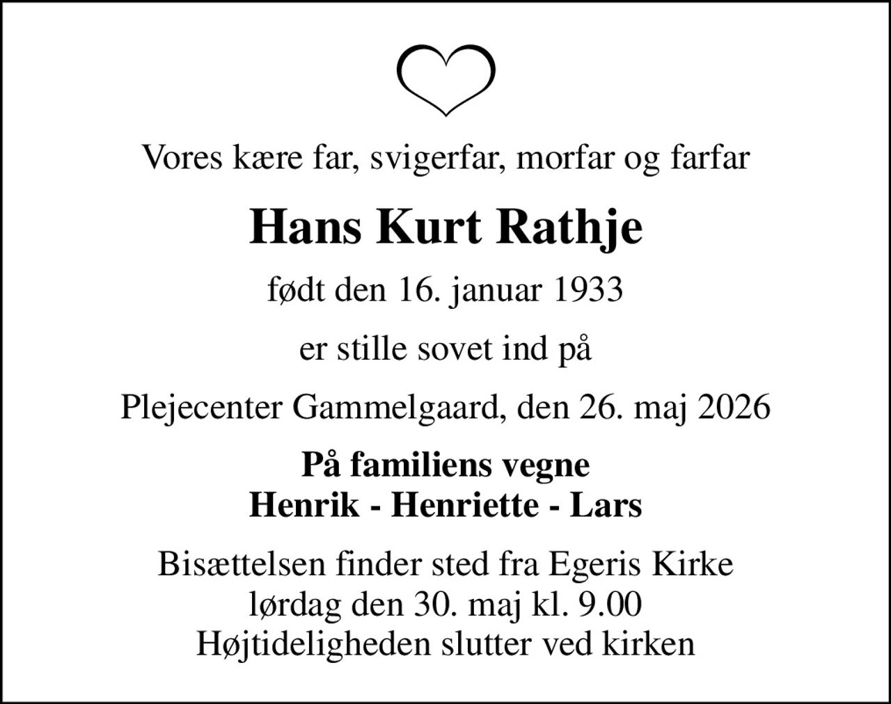 Hans Kurt Rathje | Danmarks største medie for mindesider og dødsannoncer