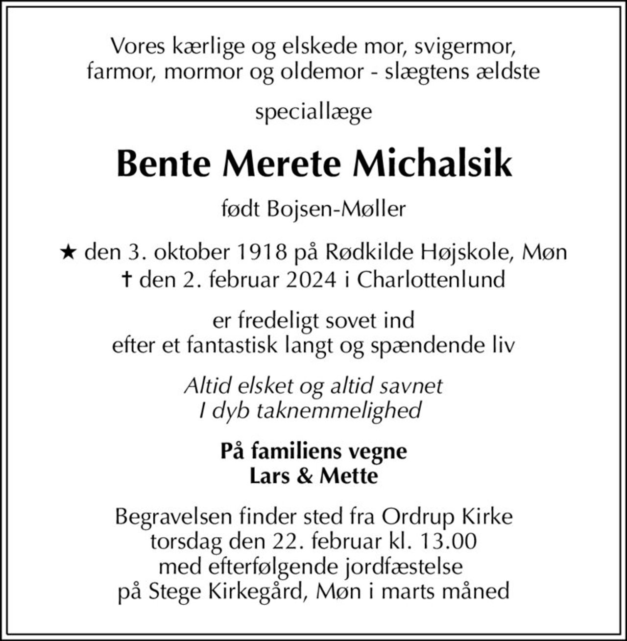 Bente Merete Michalsik | Dødsannoncer i Danmark