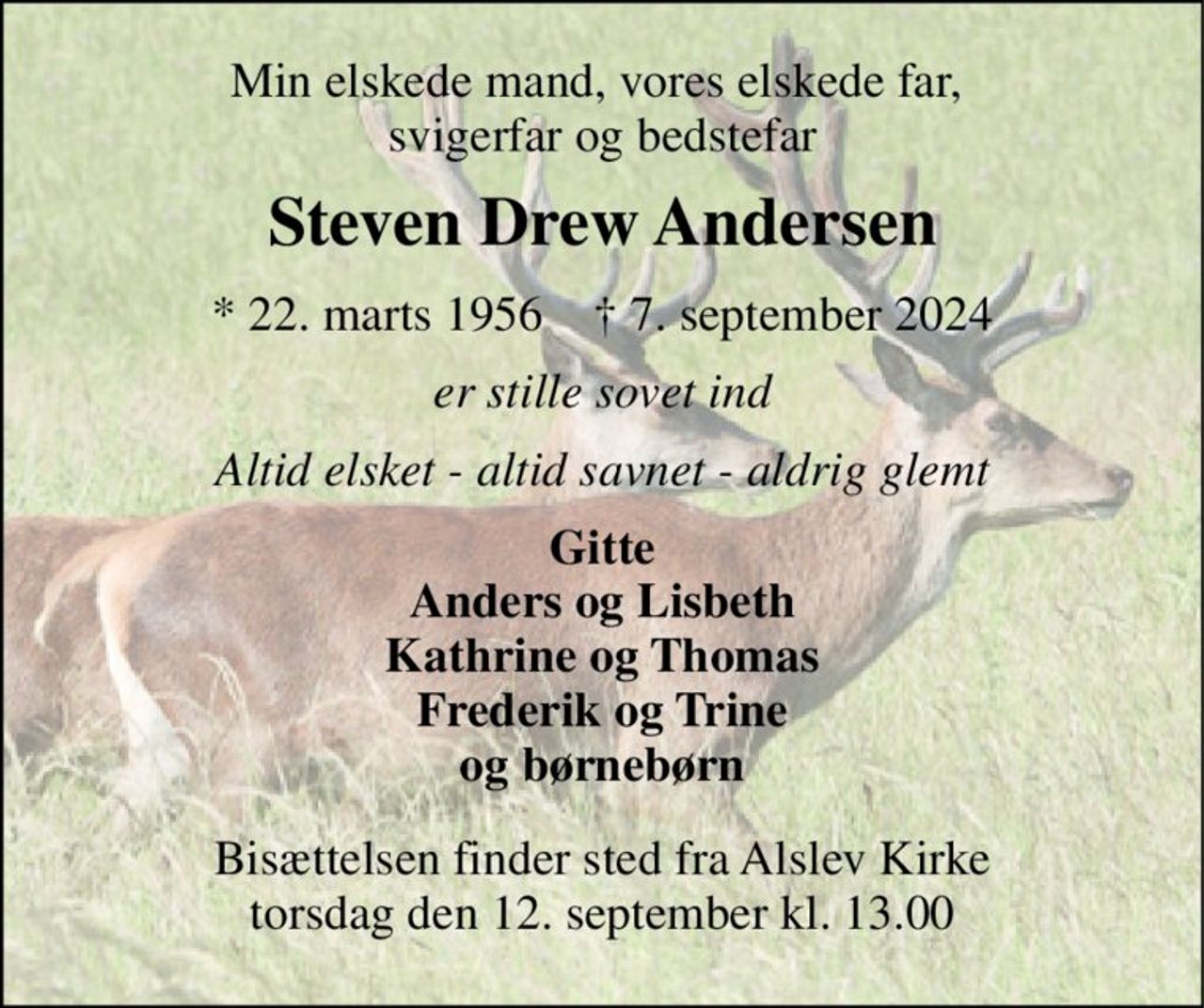 Min elskede mand, vores elskede far,  svigerfar og bedstefar 
Steven Drew Andersen 
*​ 22. marts 1956​    †​ 7. september 2024 
er stille sovet ind 
Altid elsket - altid savnet - aldrig glemt 
Gitte Anders og Lisbeth Kathrine og Thomas Frederik og Trine og børnebørn 
Bisættelsen​ finder sted fra Alslev Kirke​ torsdag den 12. september​ kl. 13.00