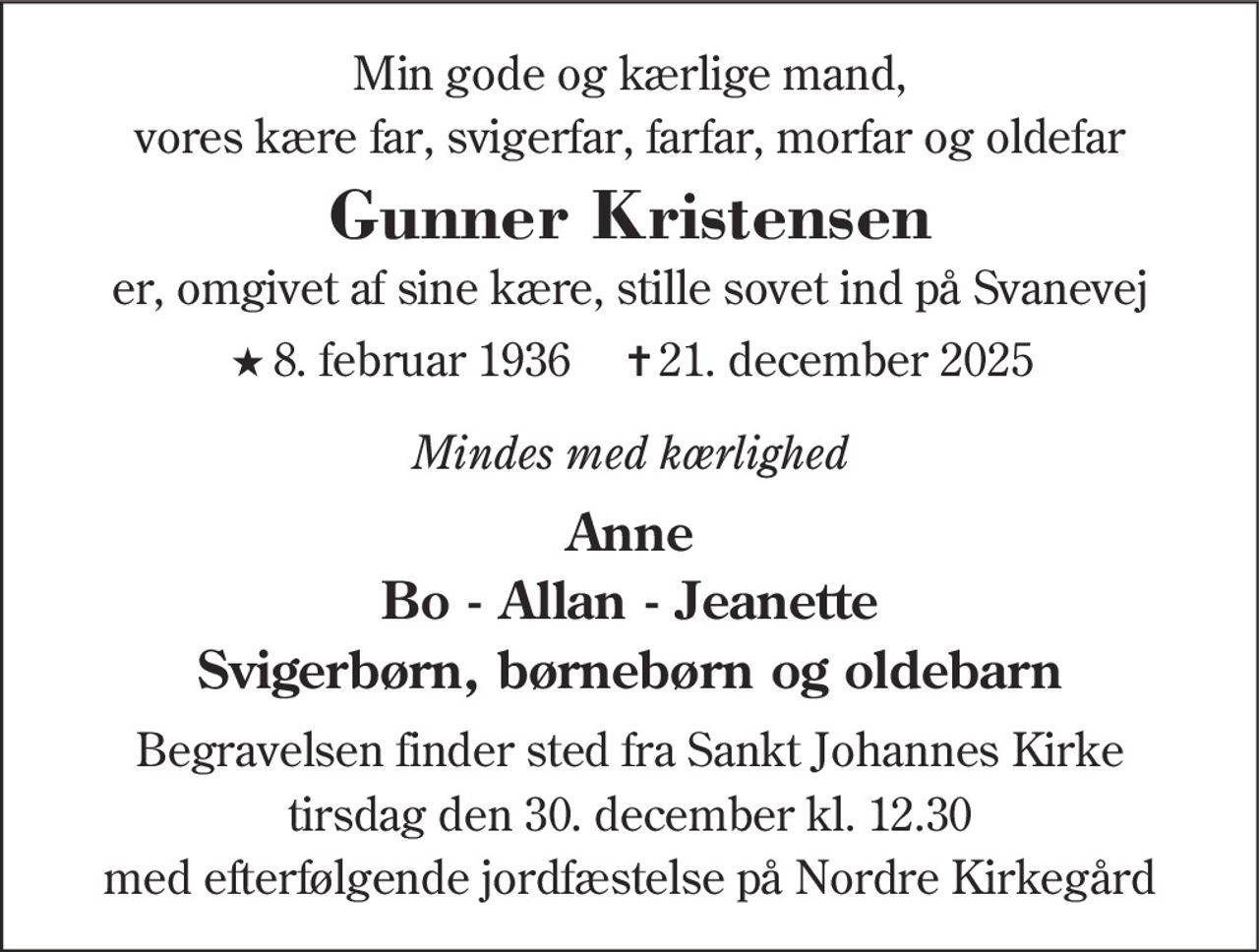Gunner Verner Kristensen 
★ 8. februar 1936 
✝ 21. december 2025