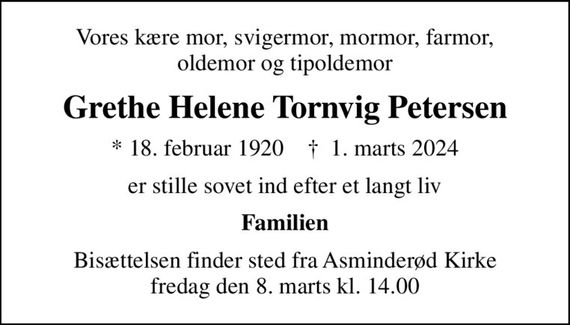 Grethe Helene Tornvig Petersen | Dødsannoncer i Danmark