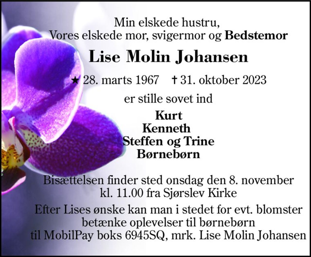 Min elskede hustru,  Vores elskede mor, svigermor og Bedstemor 
Lise Molin Johansen 
★​ 28. marts 1967​    ✝​ 31. oktober 2023 
er stille sovet ind 
Kurt Kenneth  Steffen og Trine Børnebørn 
Bisættelsen​ finder sted onsdag den 8. november​ kl. 11.00 fra Sjørslev Kirke 
Efter Lises ønske kan man i stedet for evt. blomster betænke oplevelser til børnebørn til MobilPay boks 6945SQ, mrk. Lise Molin Johansen