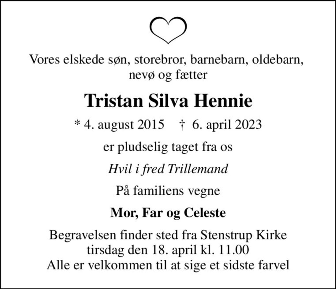 Vores elskede søn, storebror, barnebarn, oldebarn,  nevø og fætter
Tristan Silva Hennie
* 4. august 2015    ✝ 6. april 2023
er pludselig taget fra os
Hvil i fred Trillemand
På familiens vegne
Mor, Far og Celeste
Begravelsen finder sted fra Stenstrup Kirke  tirsdag den 18. april kl. 11.00  Alle er velkommen til at sige et sidste farvel