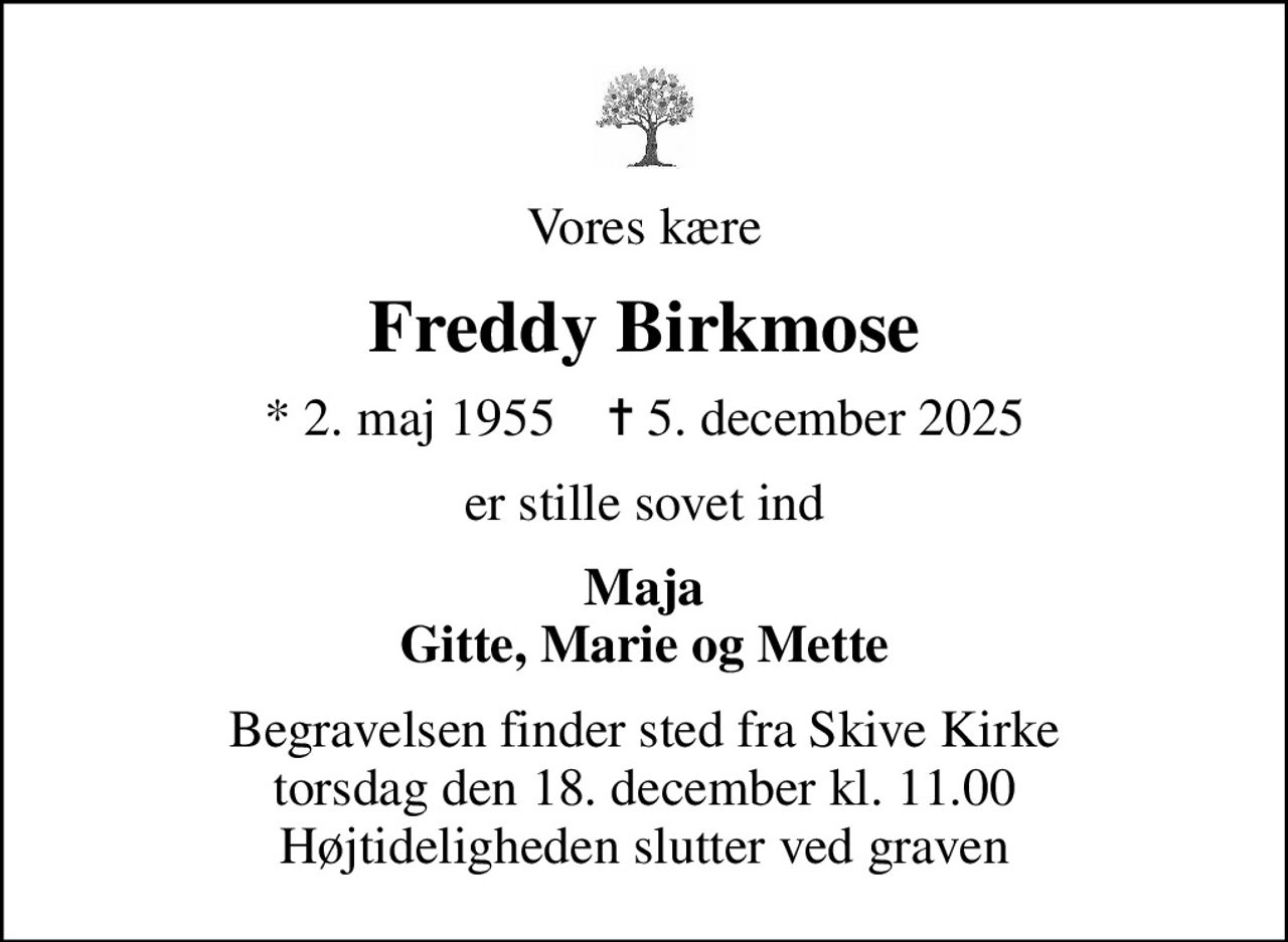 Vores kære
Freddy Birkmose
* 2. maj 1955    ✝ 5. december 2025
er stille sovet ind
Maja Gitte, Marie og Mette
Begravelsen finder sted fra Skive Kirke  torsdag den 18. december kl. 11.00  Højtideligheden slutter ved graven
