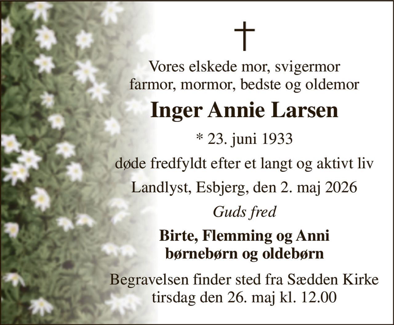 Vores elskede mor, svigermor farmor, mormor, bedste og oldemor 
Inger Annie Larsen 
*​ 23. juni 1933 
døde fredfyldt efter et langt og aktivt liv 
Landlyst, Esbjerg, den 2. maj 2026 
Guds fred 
Birte, Flemming og Anni børnebørn og oldebørn 
Begravelsen​ finder sted fra Sædden Kirke​ tirsdag den 26. maj​ kl. 12.00