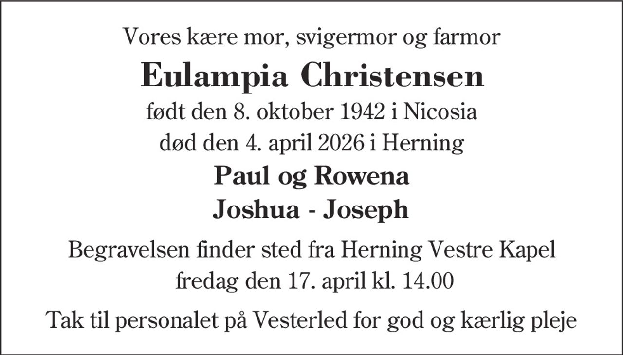 Eulampia Christensen 
★ 8. oktober 1942    ✝ 4. april 2026