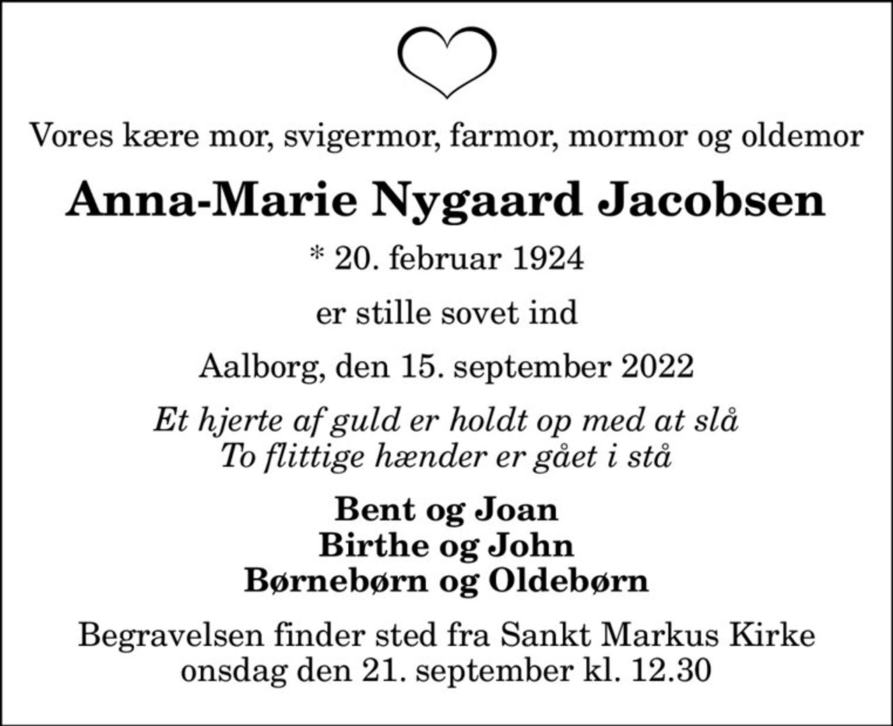 Anna-Marie Nygaard Jacobsen | Dødsannoncer i Danmark