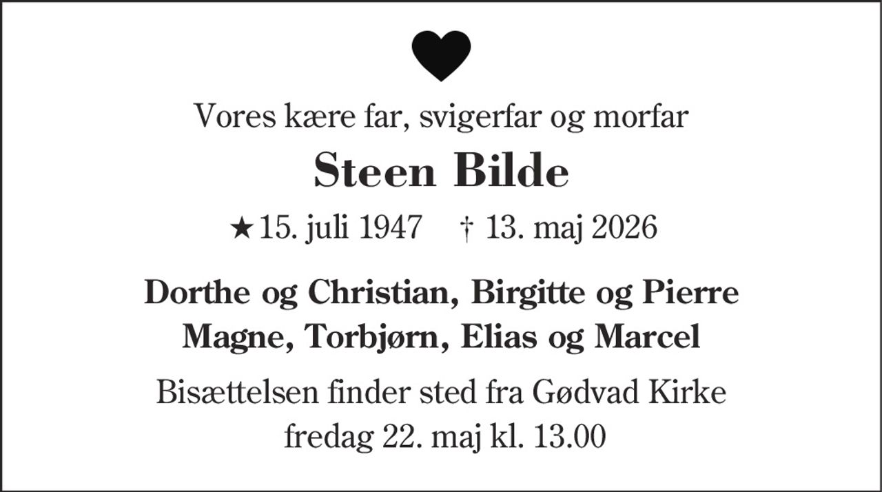 Steen Bilde 
★ 15. juli 1947    ✝ 13. maj 2026