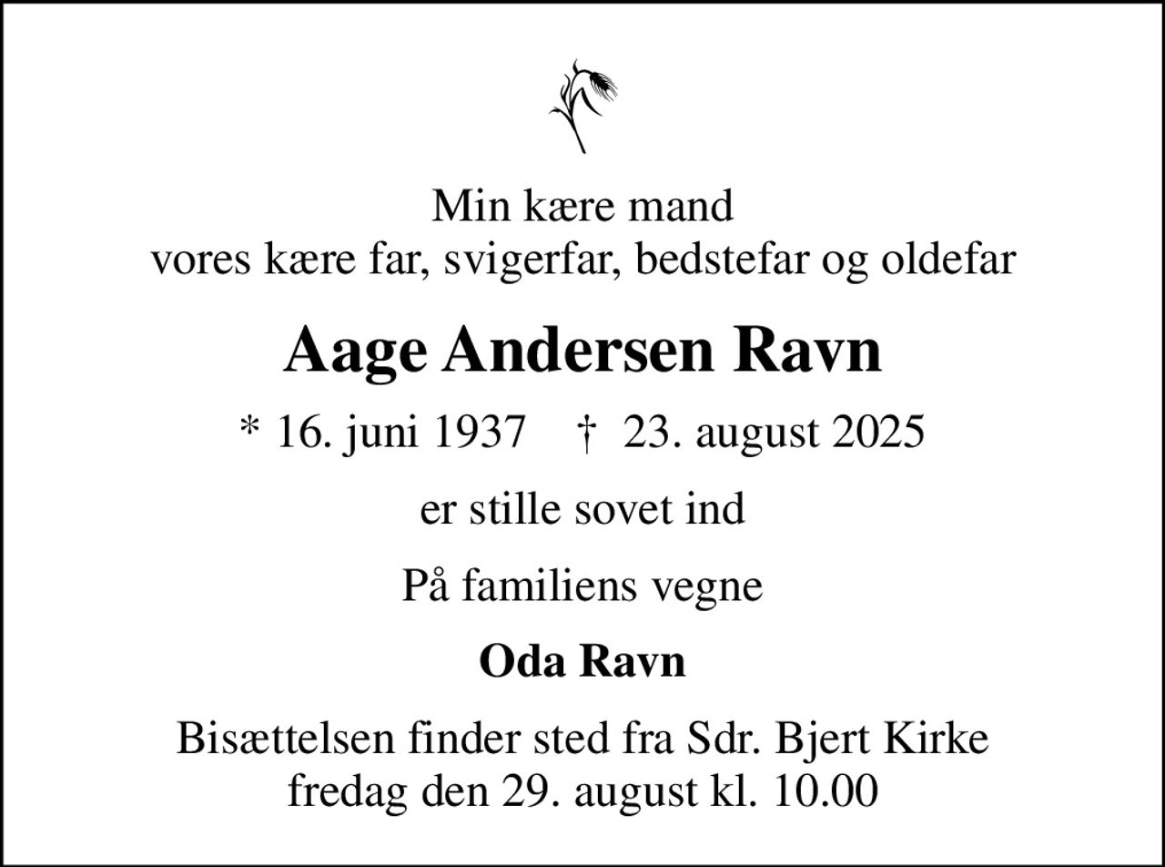 Min kære mand vores kære far, svigerfar, bedstefar og oldefar
Aage Andersen Ravn
* 16. juni 1937    ✝ 23. august 2025
er stille sovet ind
På familiens vegne
Oda Ravn
Bisættelsen finder sted fra Sdr. Bjert Kirke  fredag den 29. august kl. 10.00