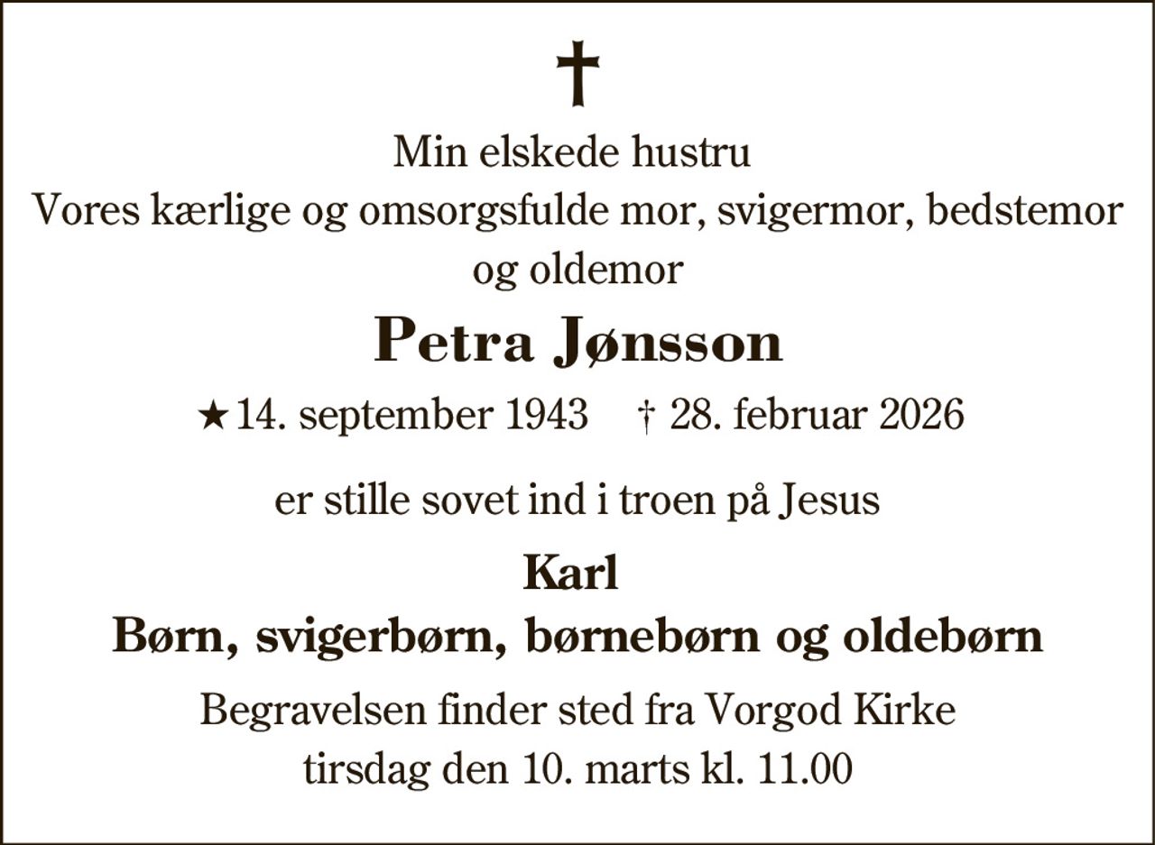 Petra Jønsson 
★​ 14. september 1943 
✝​ 28. februar 2026​