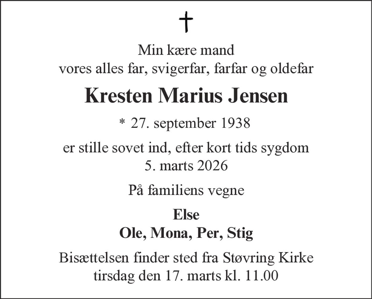 Kresten Marius Jensen 
* 27. september 1938 
✝ 5. marts 2026