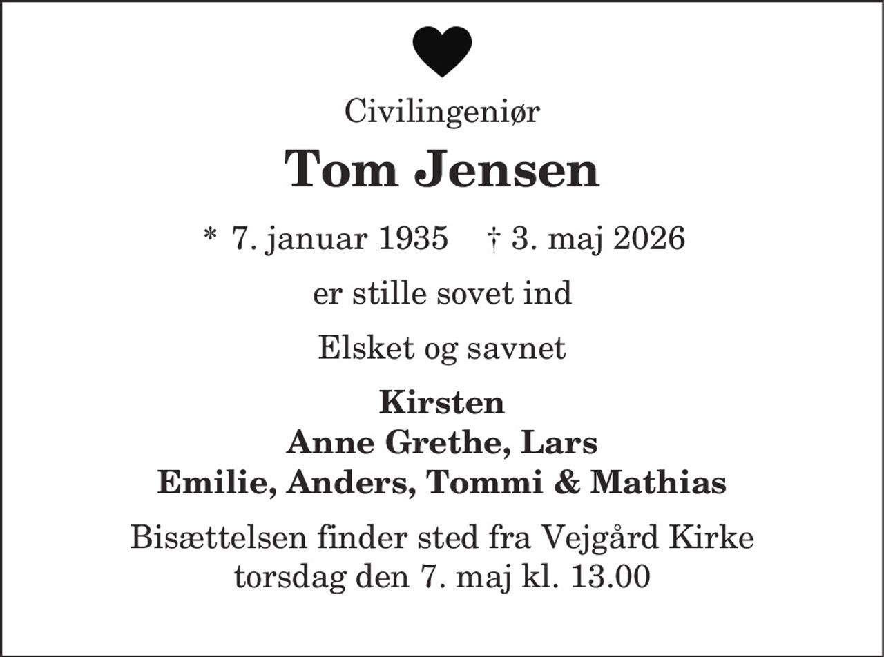 Tom Preben Jensen 
* 7. januar 1935    ✝ 3. maj 2026
