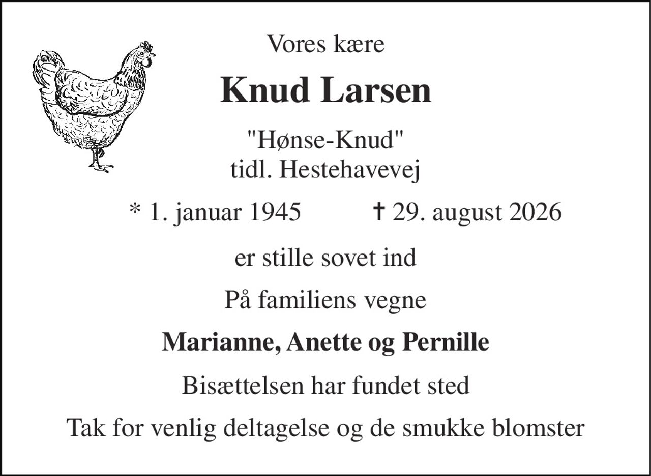 Vores kære 
Knud Larsen 
"Hønse-Knud" tidl. Hestehavevej 
* 1. januar 1945 
✝ 29. august 2026 
er stille sovet ind 
På familiens vegne 
Marianne, Anette og Pernille 
Bisættelsen har fundet sted 
Tak for venlig deltagelse og de smukke blomster