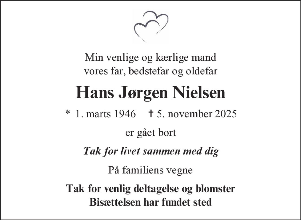 Hans Jørgen Nielsen 
* 1. marts 1946 
✝ 5. november 2025