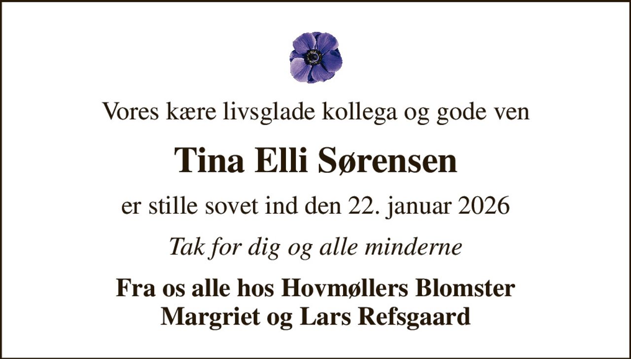 Vores kære livsglade kollega og gode ven
Tina Elli Sørensen
er stille sovet ind den 22. januar 2026
Tak for dig og alle minderne
Fra os alle hos Hovmøllers Blomster Margriet og Lars Refsgaard