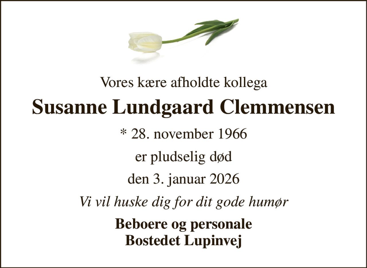Vores kære afholdte kollega 
Susanne Lundgaard Clemmensen 
*​ 28. november 1966 
er pludselig død 
den 3. januar 2026 
Vi vil huske dig for dit gode humør 
Beboere og personale Bostedet Lupinvej
