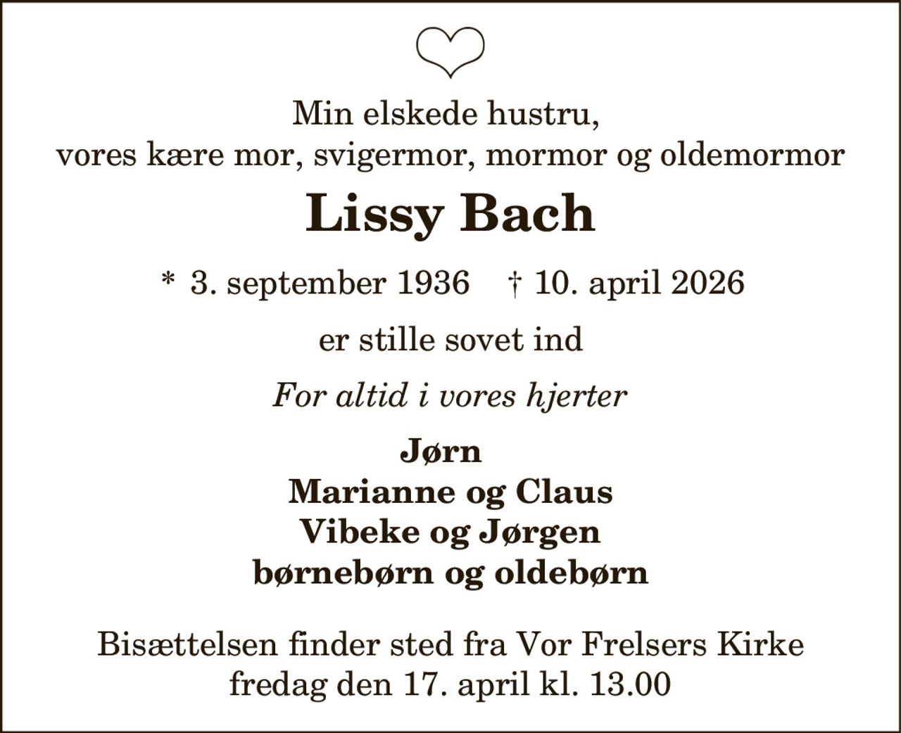 Lissy Bach 
*​ 3. september 1936​    ✝​ 10. april 2026