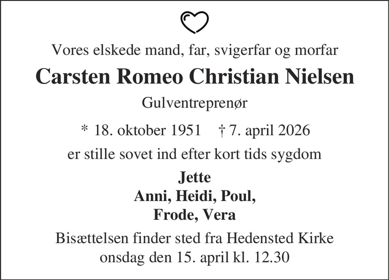 Carsten Romeo Christian Nielsen 
* 18. oktober 1951    ✝ 7. april 2026