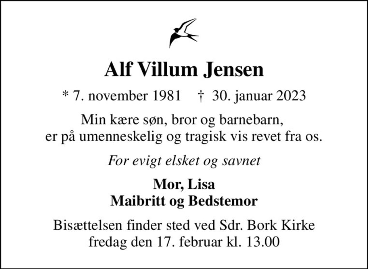 Alf Villum Jensen
* 7. november 1981    ✝ 30. januar 2023
Min kære søn, bror og barnebarn,  er på umenneskelig og tragisk vis revet fra os.
For evigt elsket og savnet
Mor, Lisa Maibritt og Bedstemor
Bisættelsen finder sted ved Sdr. Bork Kirke  fredag den 17. februar kl. 13.00