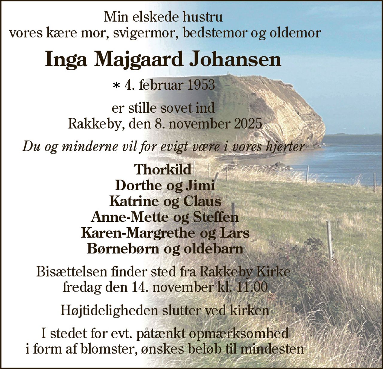 Inga Majgaard Johansen 
* 4. februar 1953 
✝ 8. november 2025