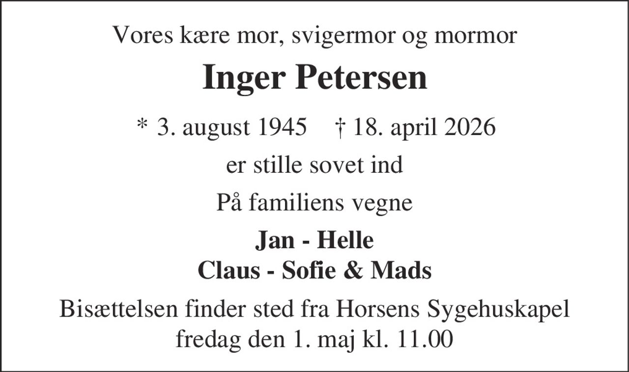 Inger Petersen 
* 3. august 1945    ✝ 18. april 2026