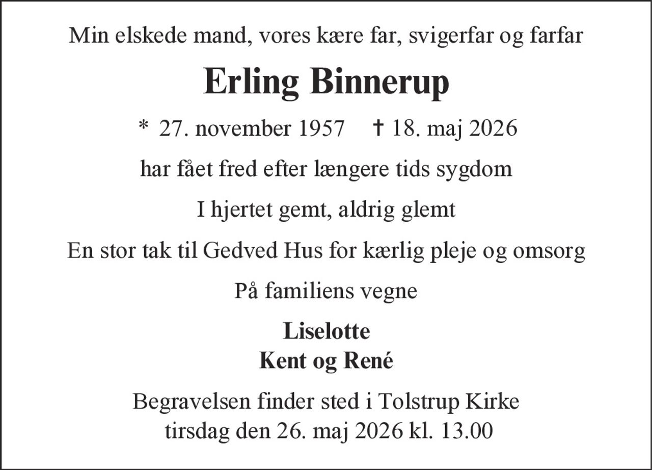 Erling Binnerup 
* 27. november 1957    ✝ 18. maj 2026