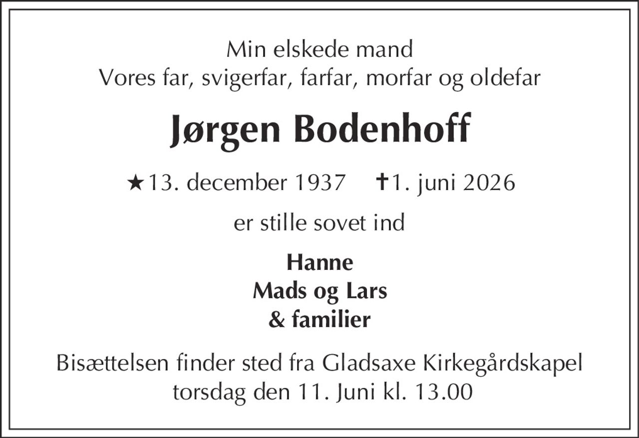 Jørgen Bodenhoff 
★ 13. december 1937 
✝ 1. juni 2026