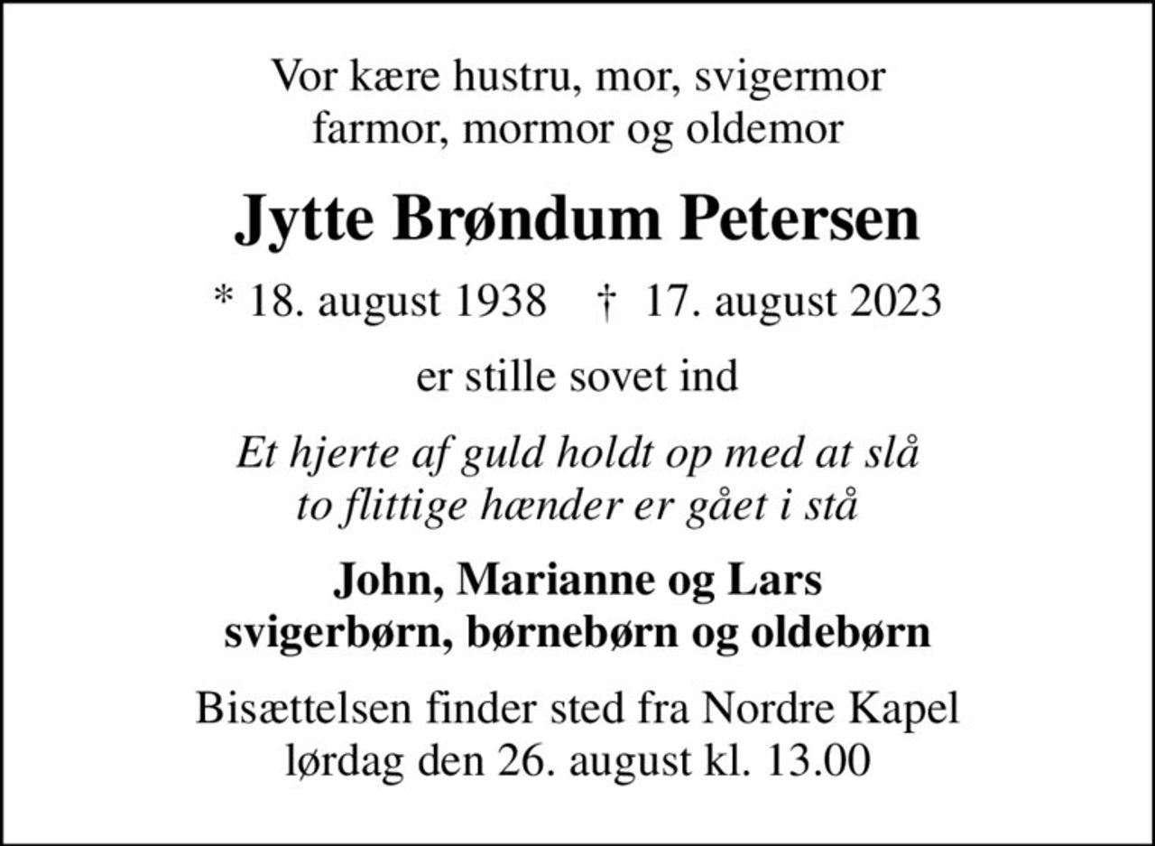Jytte Brøndum Petersen | Dødsannoncer i Danmark