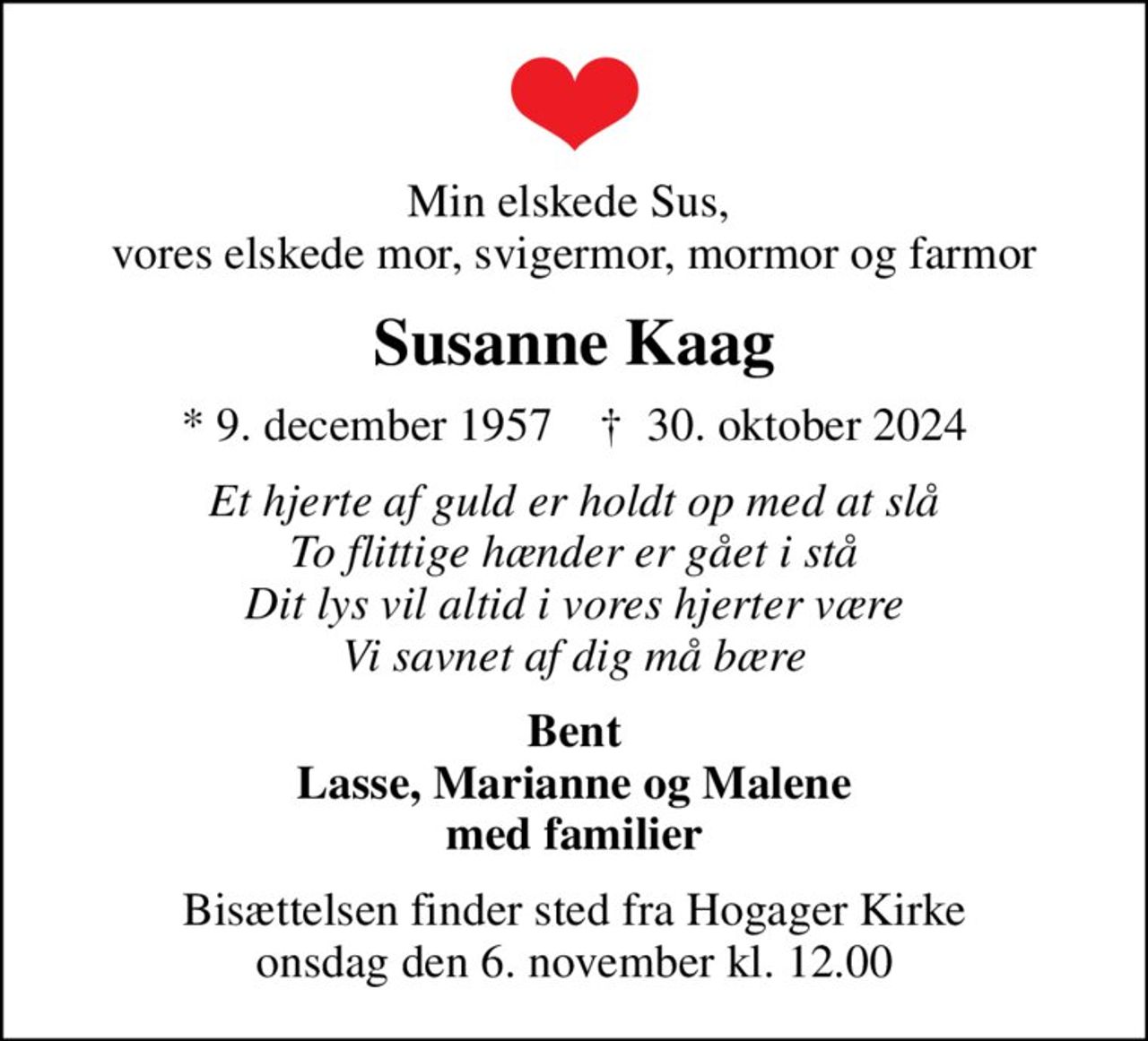 Susanne Kaag | Danmarks største medie for mindesider og dødsannoncer