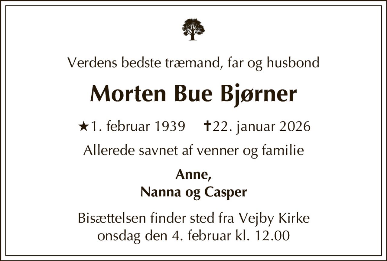 Jens Morten Bue Bjørner 
★ 1. februar 1939            ✝ 22. januar 2026