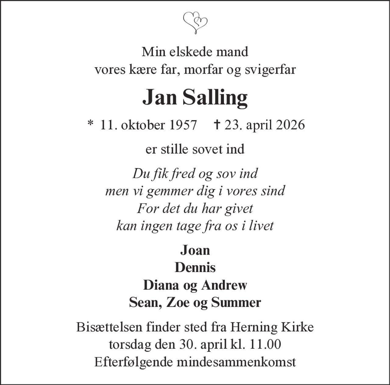 Jan Salling 
* 11. oktober 1957    ✝ 23. april 2026