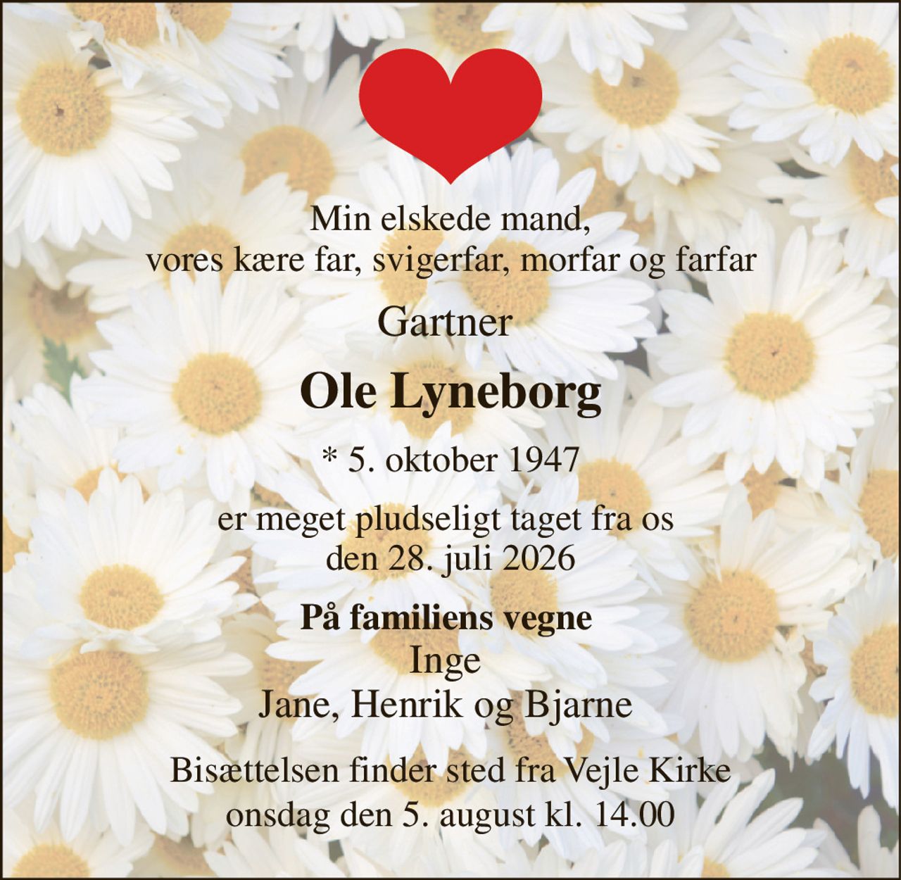 Min elskede mand, vores kære far, svigerfar, morfar og farfar 
Gartner  
Ole Lyneborg​ 
*​ 5. oktober 1947 
er meget pludseligt taget fra os  den 28. juli 2026 
På familiens vegne  Inge  Jane, Henrik og Bjarne  
Bisættelsen​ finder sted fra Vejle Kirke​ onsdag den 5. august​ kl. 14.00