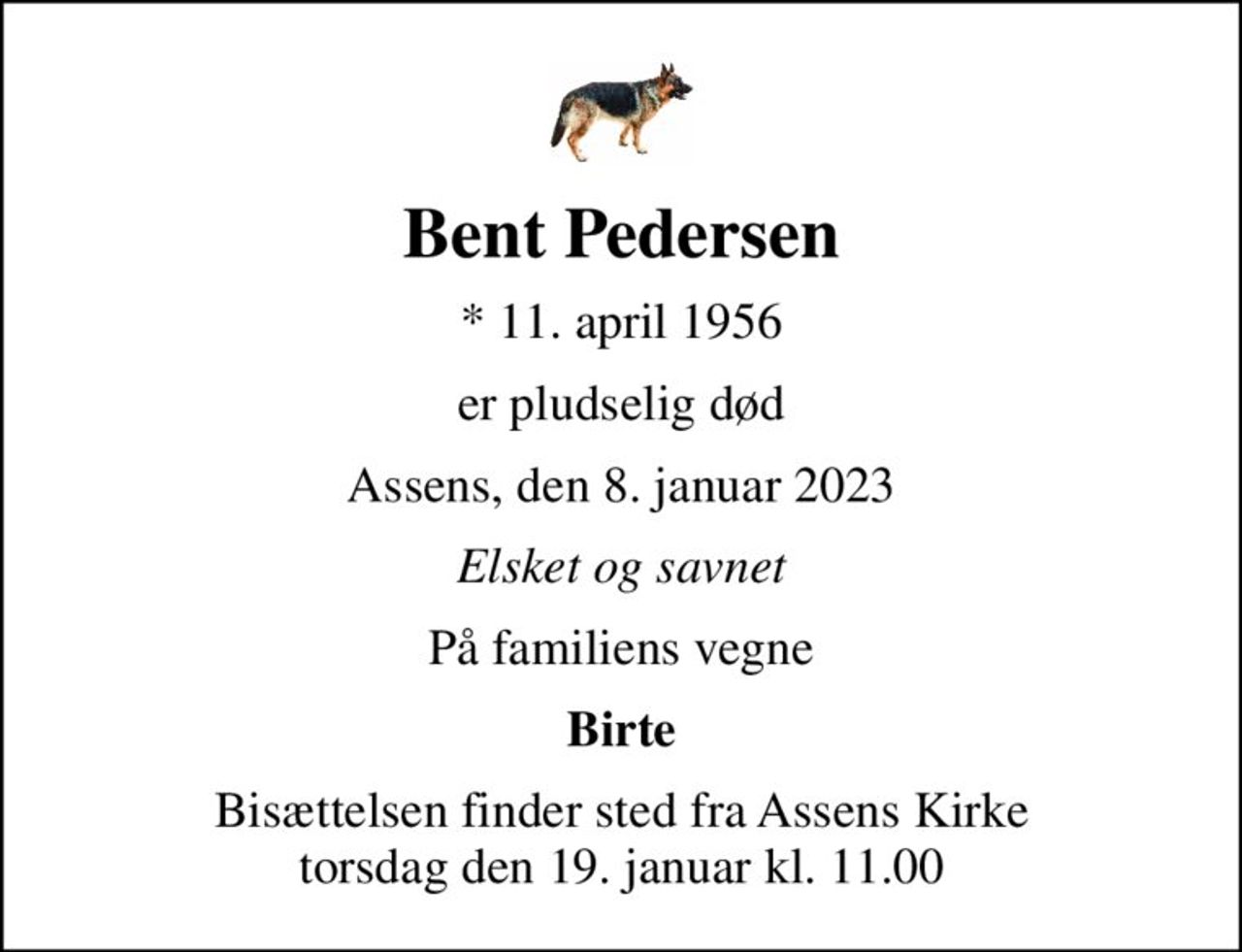Bent Pedersen
* 11. april 1956
er pludselig død
Assens, den 8. januar 2023
Elsket og savnet
På familiens vegne
Birte
Bisættelsen finder sted fra Assens Kirke  torsdag den 19. januar kl. 11.00