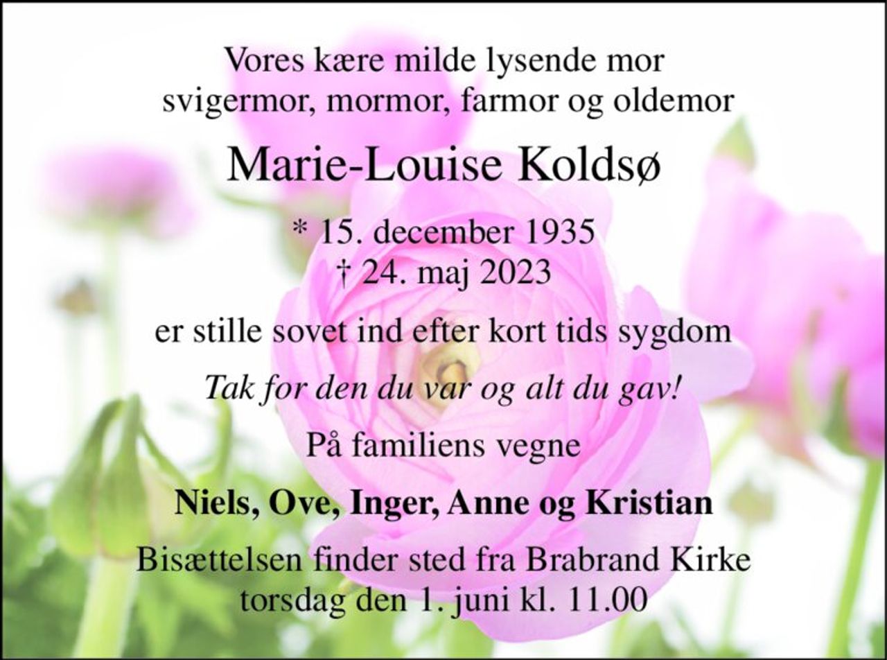 Vores kære milde lysende mor  svigermor, mormor, farmor og oldemor 
Marie-Louise Koldsø 
*​ 15. december 1935​ †​ 24. maj 2023 
er stille sovet ind efter kort tids sygdom 
Tak for den du var og alt du gav! 
På familiens vegne 
Niels, Ove, Inger, Anne og Kristian 
Bisættelsen​ finder sted fra Brabrand Kirke​ torsdag den 1. juni​ kl. 11.00