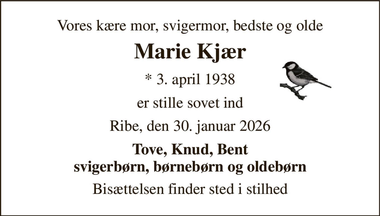 Vores kære mor, svigermor, bedste og olde 
Marie Kjær 
*​ 3. april 1938 
er stille sovet ind 
Ribe, den 30. januar 2026 
Tove, Knud, Bent svigerbørn, børnebørn og oldebørn 
Bisættelsen finder sted i stilhed