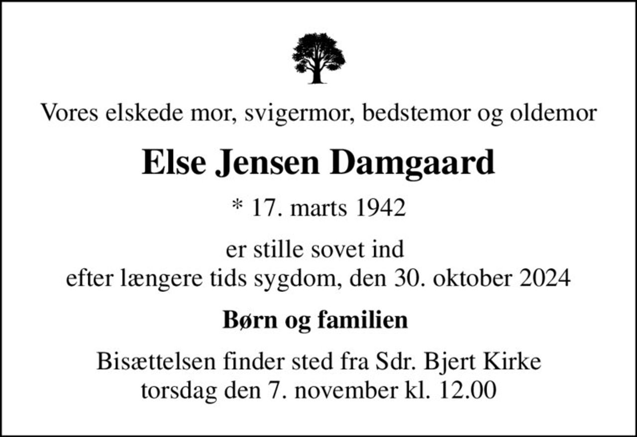 Vores elskede mor, svigermor, bedstemor og oldemor
Else Jensen Damgaard
* 17. marts 1942
er stille sovet ind  efter længere tids sygdom, den 30. oktober 2024
Børn og familien 
Bisættelsen finder sted fra Sdr. Bjert Kirke  torsdag den 7. november kl. 12.00
