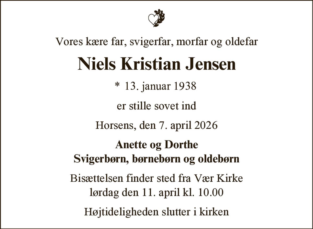 Niels Kristian Jensen 
* 13. januar 1938    ✝ 7. april 2026