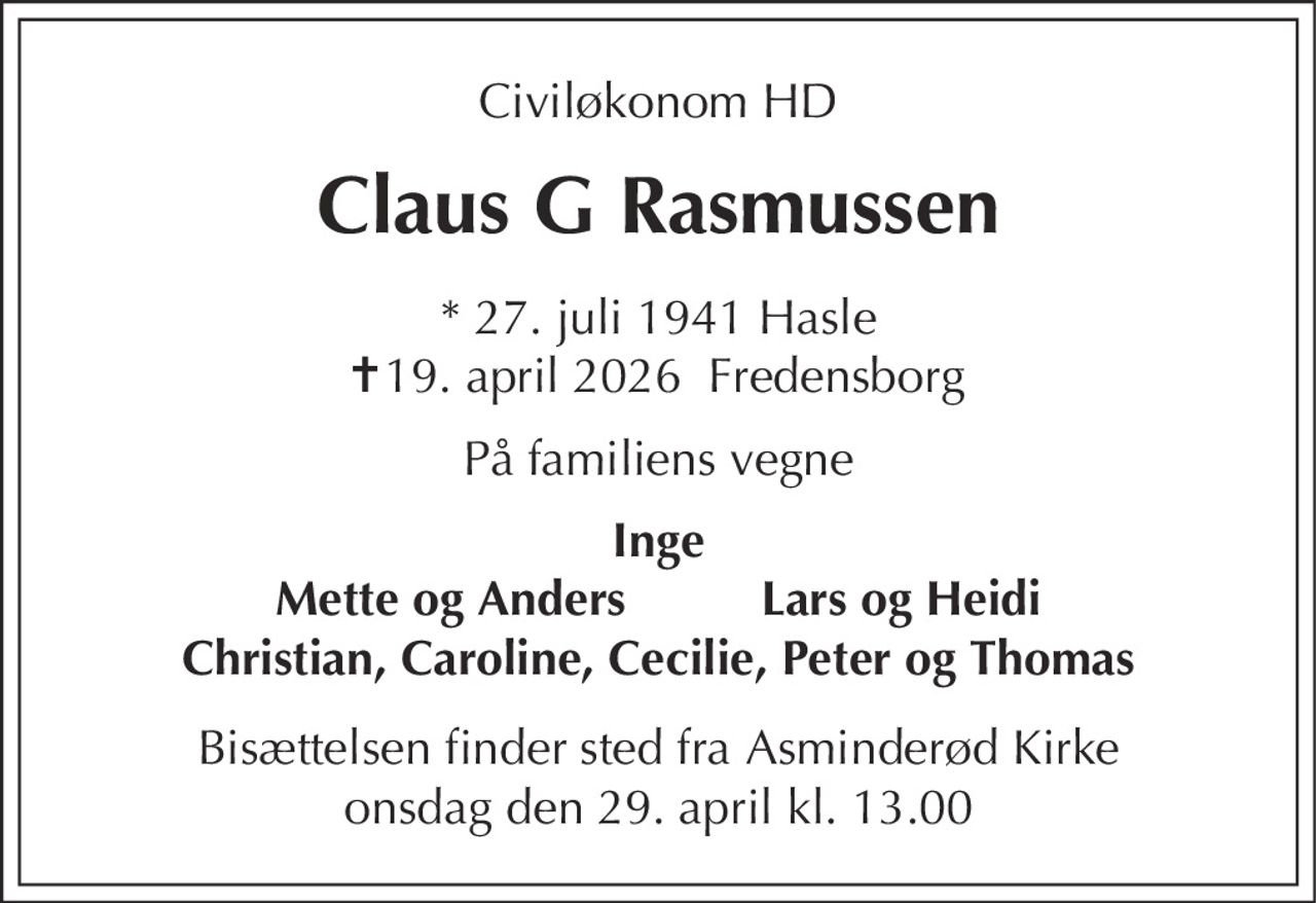 Claus Gert Rasmussen 
★​ 27. juli 1941 
✝​ 19. april 2026​