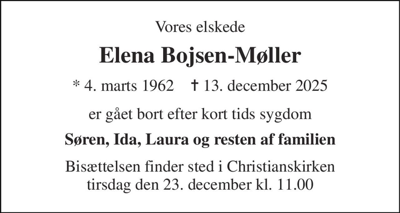 Elena Bojsen-Møller | Danmarks største medie for mindesider og dødsannoncer