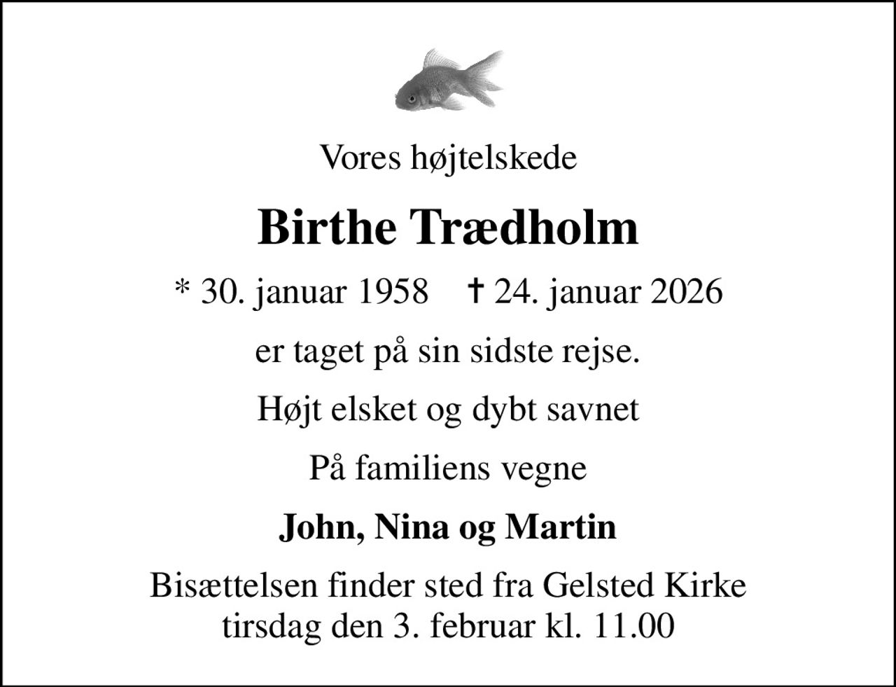 Vores højtelskede
Birthe Trædholm
* 30. januar 1958    ✝ 24. januar 2026
er taget på sin sidste rejse.
Højt elsket og dybt savnet
På familiens vegne
John, Nina og Martin
Bisættelsen finder sted fra Gelsted Kirke  tirsdag den 3. februar kl. 11.00