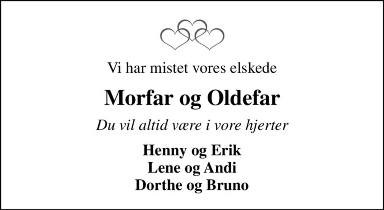 Vi har mistet vores elskede
Morfar og Oldefar
Du vil altid være i vore hjerter
Michael, Linette, Kenneth Jannec, Jannie, Lea Agnete, Juliane, David, Milas