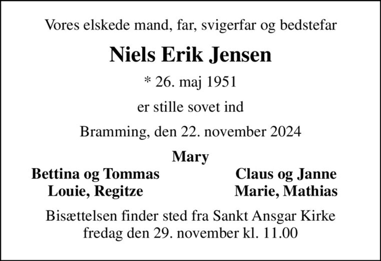 Vores elskede mand, far, svigerfar og bedstefar
Niels Erik Jensen
* 26. maj 1951
er stille sovet ind
Bramming, den 22. november 2024
Mary
Bettina og Tommas
Claus og Janne
Louie, Regitze
Marie, Mathias
Bisættelsen finder sted fra Sankt Ansgar Kirke  fredag den 29. november kl. 11.00