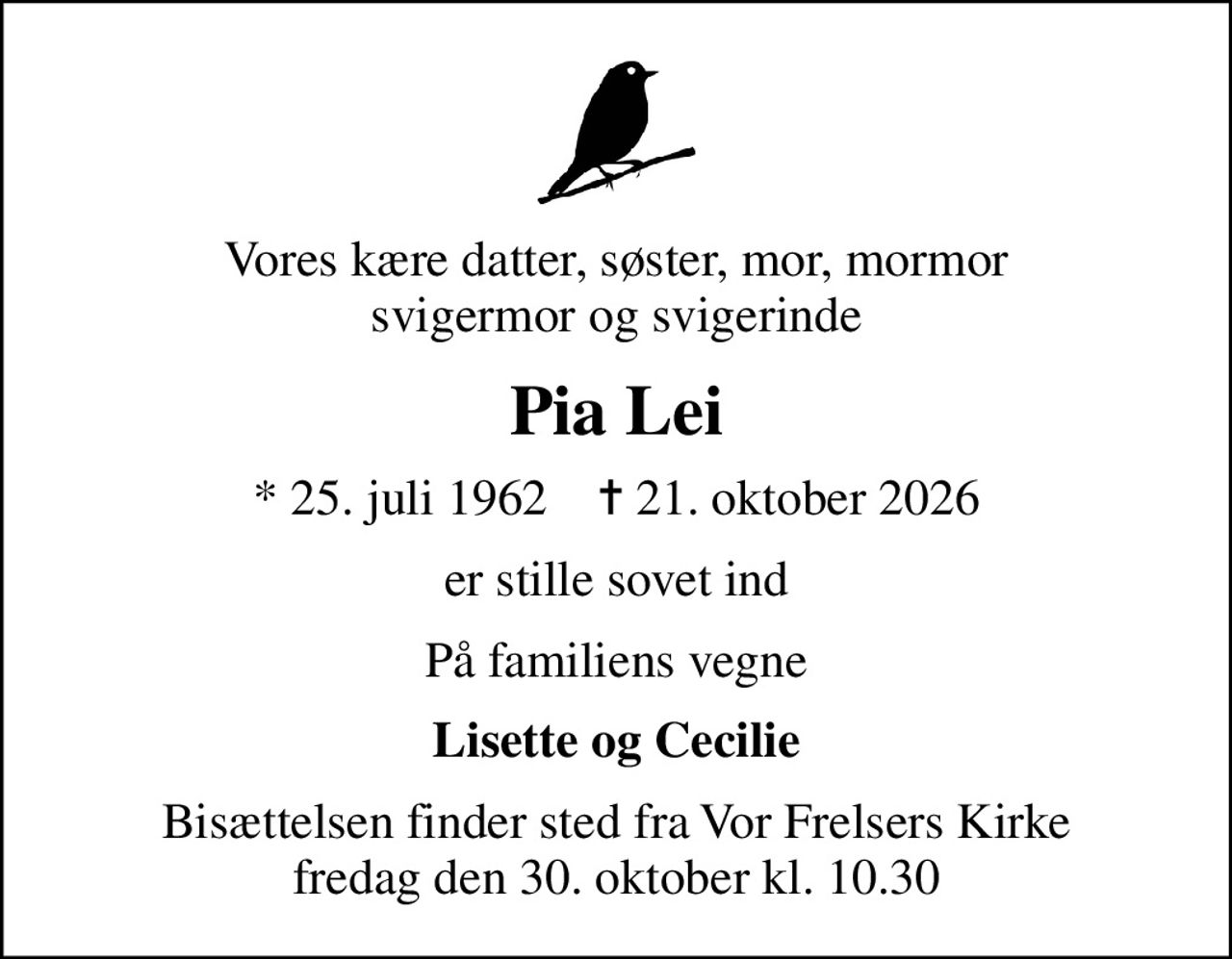 Vores kære datter, søster, mor, mormor svigermor og svigerinde
Pia Lei
* 25. juli 1962    ✝ 21. oktober 2026
er stille sovet ind
På familiens vegne
Lisette og Cecilie
Bisættelsen finder sted fra Vor Frelsers Kirke  fredag den 30. oktober kl. 10.30
