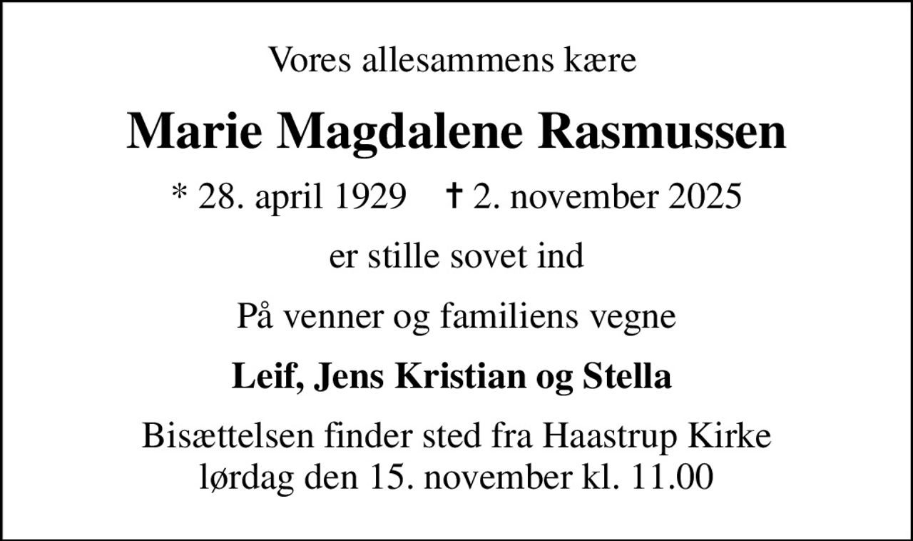 Marie Magdalene Rasmussen | Danmarks største medie for mindesider og ...