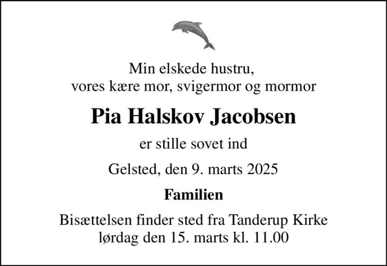 Min elskede hustru,  vores kære mor, svigermor og mormor
Pia Halskov Jacobsen
er stille sovet ind
Gelsted, den 9. marts 2025
Familien
Bisættelsen finder sted fra Tanderup Kirke  lørdag den 15. marts kl. 11.00