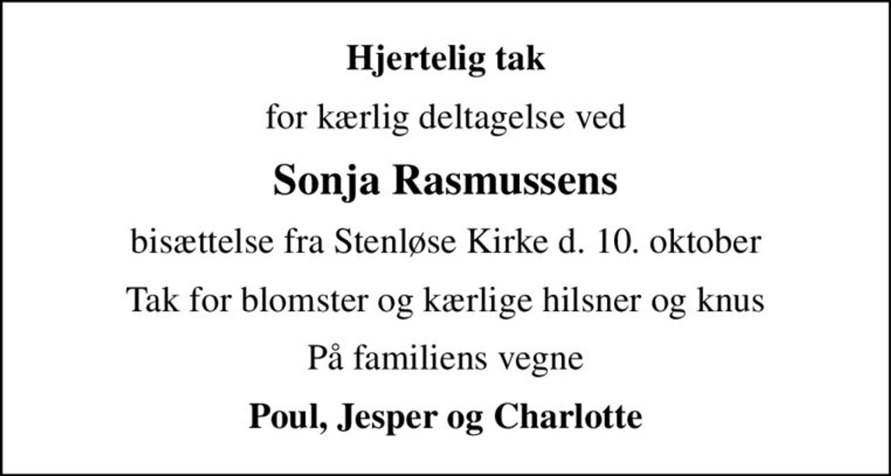 Sonja Rasmussen | Danmarks største medie for mindesider og dødsannoncer