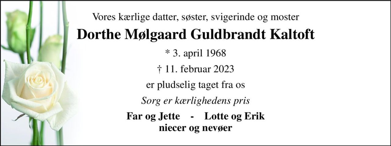 Vores kærlige datter, søster, svigerinde og moster 
Dorthe Mølgaard Guldbrandt Kaltoft 
* 3. april 1968 
† 11. februar 2023 
er pludselig taget fra os 
Sorg er kærlighedens pris 
Far og Jette    -    Lotte og Erik niecer og nevøer