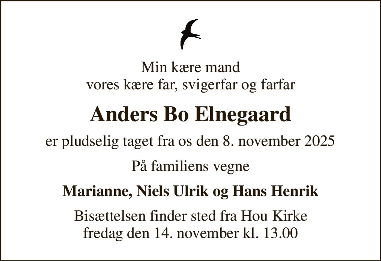 Min kære mand vores kære far, svigerfar og farfar
Anders Bo Elnegaard
er pludselig taget fra os den 8. november 2025
På familiens vegne
Marianne, Niels Ulrik og Hans Henrik
Bisættelsen finder sted fra Hou Kirke  fredag den 14. november kl. 13.00