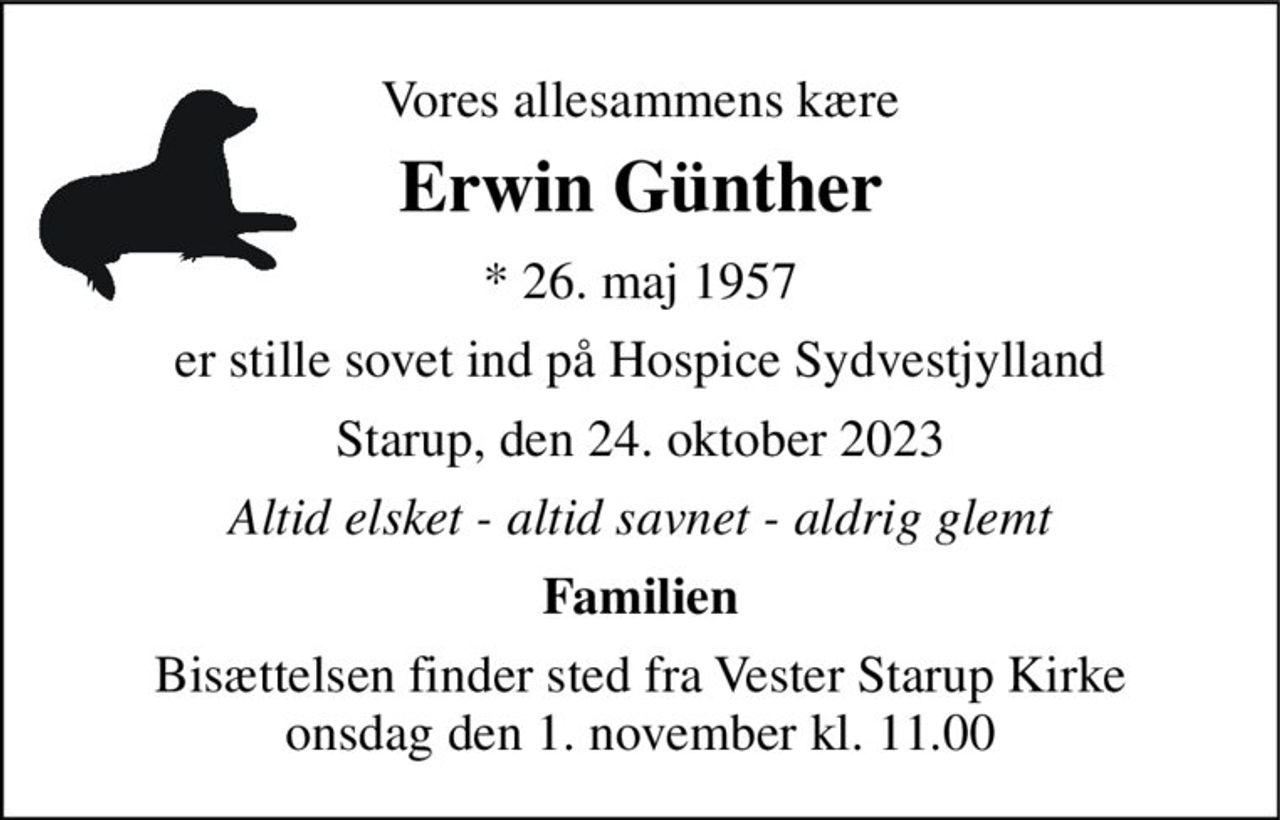 Vores allesammens kære 
Erwin Günther 
* 26. maj 1957 
er stille sovet ind på Hospice Sydvestjylland 
Starup, den 24. oktober 2023 
Altid elsket - altid savnet - aldrig glemt 
Familien 
Bisættelsen finder sted fra Vester Starup Kirke onsdag den 1. november kl. 11.00