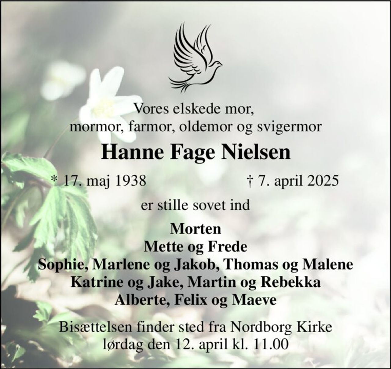 Vores elskede mor,  mormor, farmor, oldemor og svigermor 
Hanne Fage Nielsen​ 
*​​ 17. maj 1938 
†​ 7. april 2025​ 
er stille sovet ind 
Morten Mette og Frede Sophie, Marlene og Jakob, Thomas og Malene Katrine og Jake, Martin og Rebekka Alberte, Felix og Maeve 
Bisættelsen​​ finder sted fra Nordborg Kirke​​ lørdag den 12. april​​ kl. 11.00